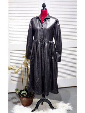 Naya Rea Wome's Brown Faux Leather Button-Down Long-Sleeve Midi Dress  Sz 10 367